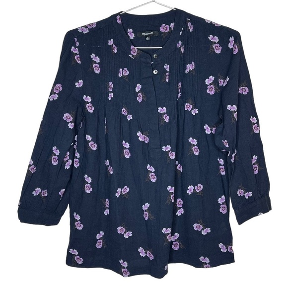MADEWELL Pintuck Popover Shirt in Pansy Bouquet Floral Peasant Blouse 3/4 Sleeve - Picture 1 of 9